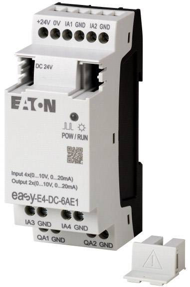 Programovatelný řídicí systém Eaton, model easyE4-DC-6AE1, se vstupy a výstupy pro průmyslové řídicí aplikace.
