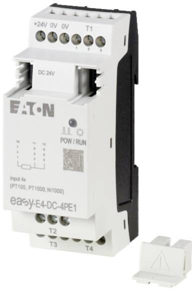 Elektrické zařízení od Eatonu pro řízení, zobrazuje připojení a model 'easy-E4-DC-4PE1'. Vhodné pro 24V DC, se čtyřmi vstupy.