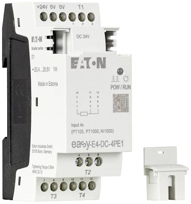Bílé modulární elektrické řídicí zařízení s několika konektory, označené nápisem 'Eaton' a modelovým číslem 'easy-E4-DC-4PE1'.