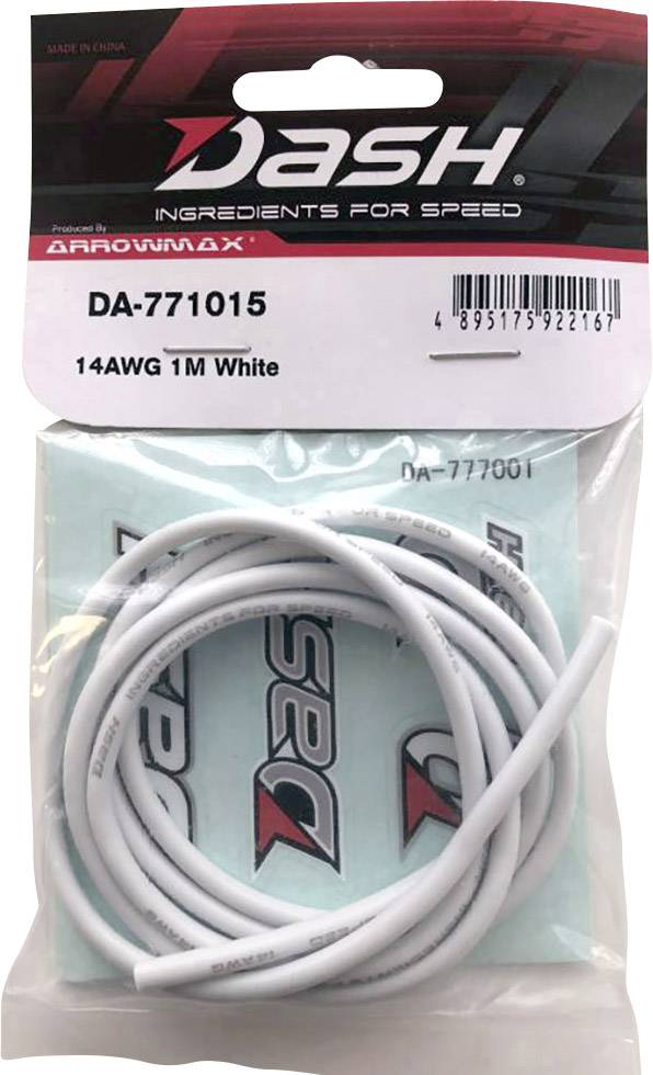 Balení s bílým kabelem značky Dash, model DA-771015, 14AWG, délka 1 metr. Balení zobrazuje čárový kód a informace o výrobci.