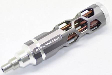 Stříbrný rukojeť šroubováku s otevřeným šestiúhelníkovým vzorem a nápisem 'ARROWMAX' uprostřed.