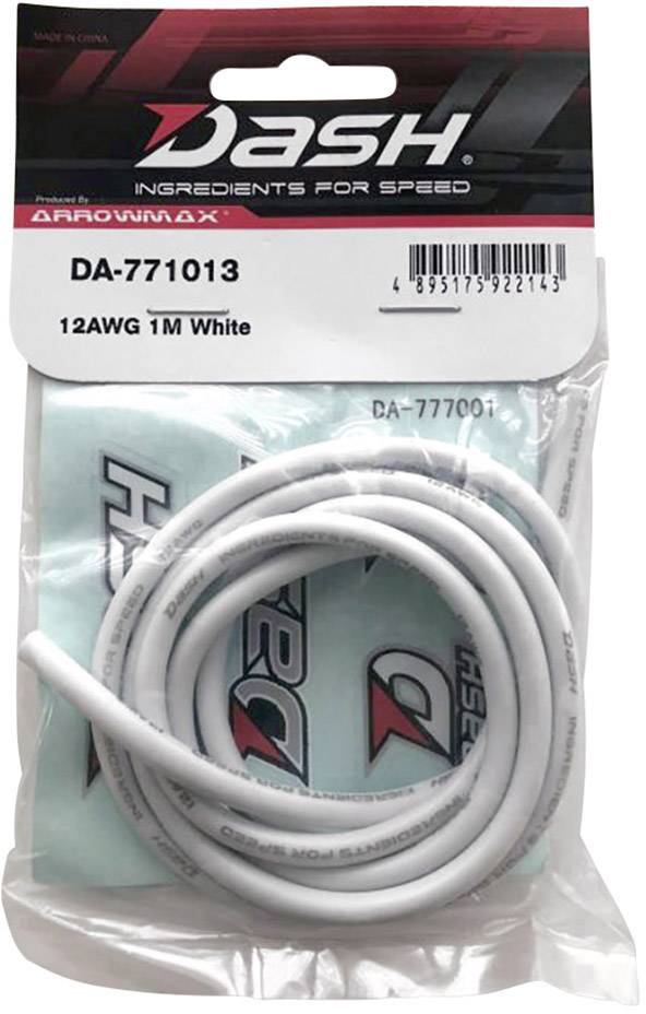 Balení s bílým kabelem značky Dash, modelové číslo DA-771013, 12AWG, dlouhý 1 metr. Balení zobrazuje logo značky.