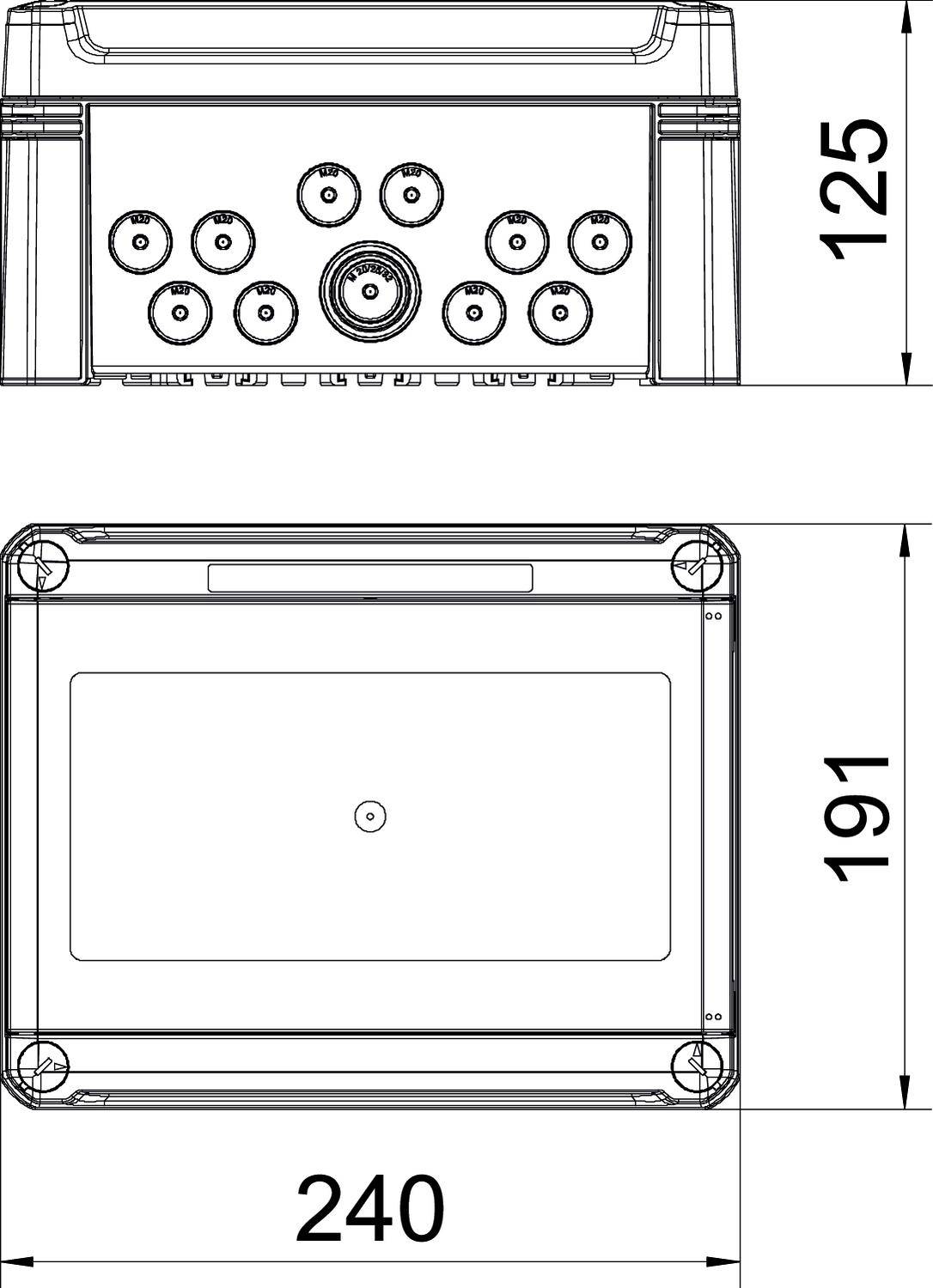 Technický výkres obdélníkového zařízení s rozměry: šířka 240 mm, výška 191 mm, hloubka 125 mm. Horní a boční pohled.