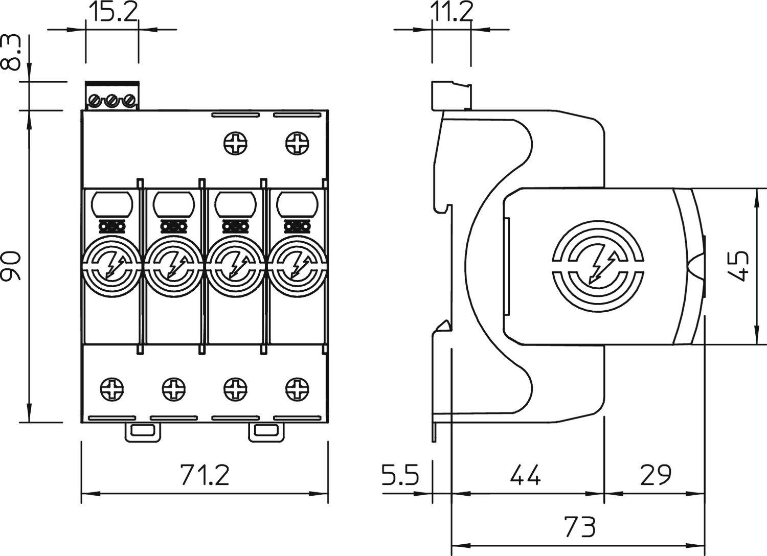 Diagram elektrického spínače s rozměry: výška 90 mm, šířka 73 mm, hloubka 44 mm. Znázorňuje přední a boční pohled.