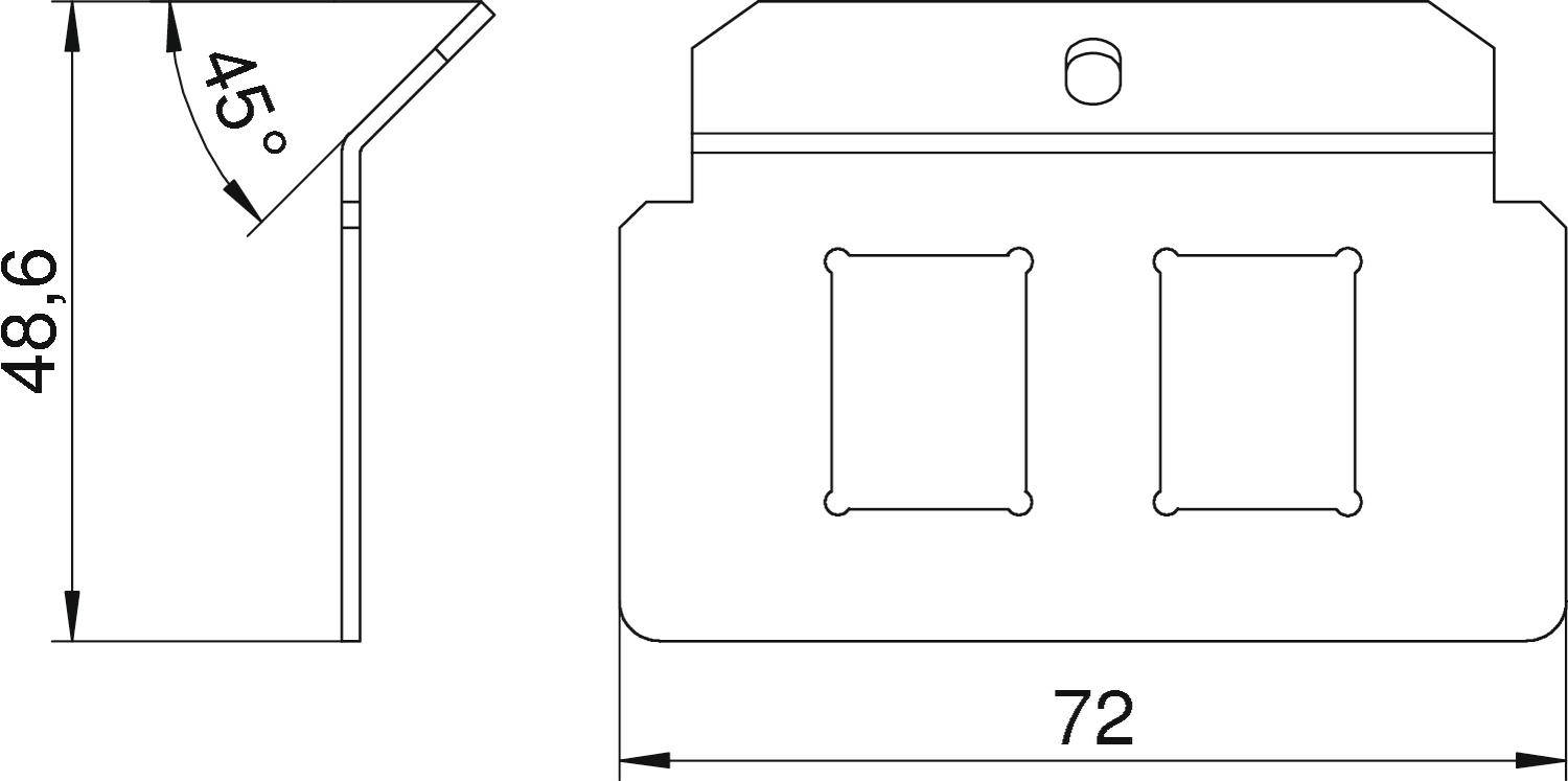 Technický výkres obdélníkového konstrukčního dílu. Vlevo boční profil s úhlem 45°, vpravo čelní pohled s šířkou 72 mm.