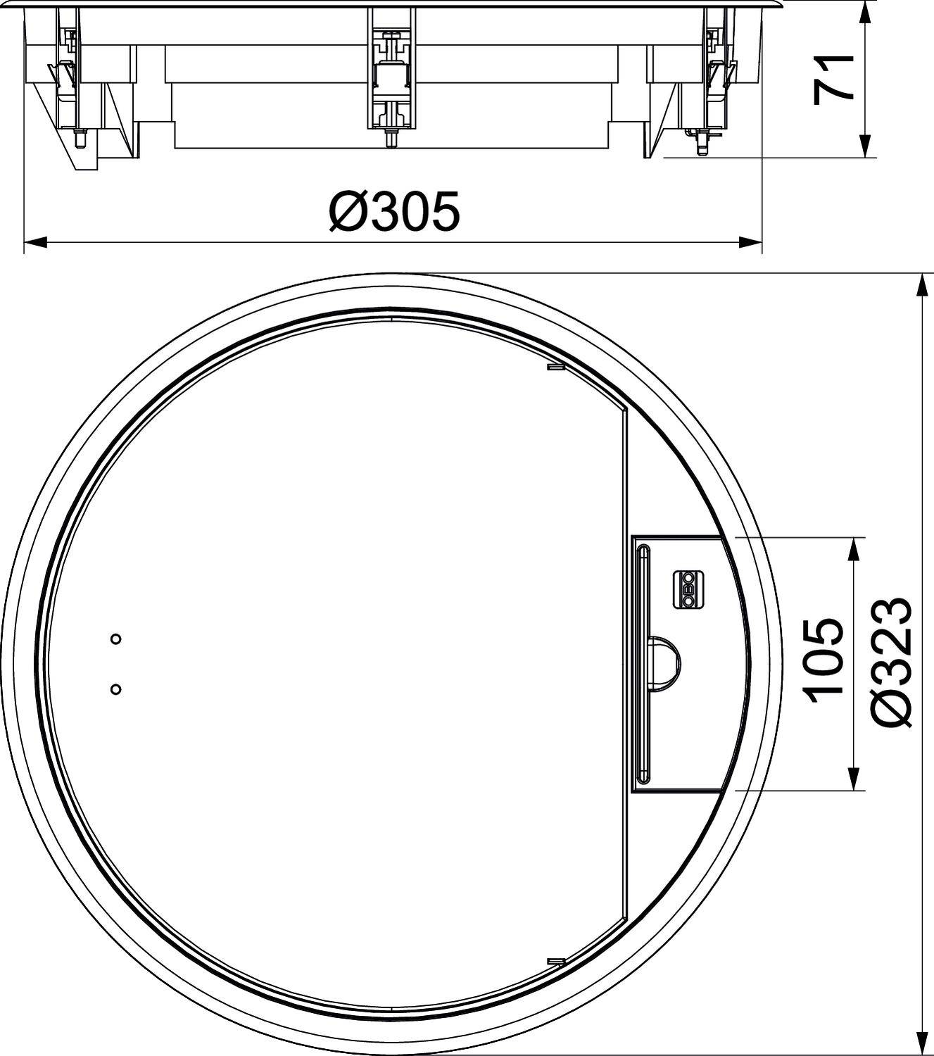 Technický výkres kulatého pokluku s průměrem 305 mm. Doplňující rozměry: výška 71 mm, celkový průměr 323 mm.
