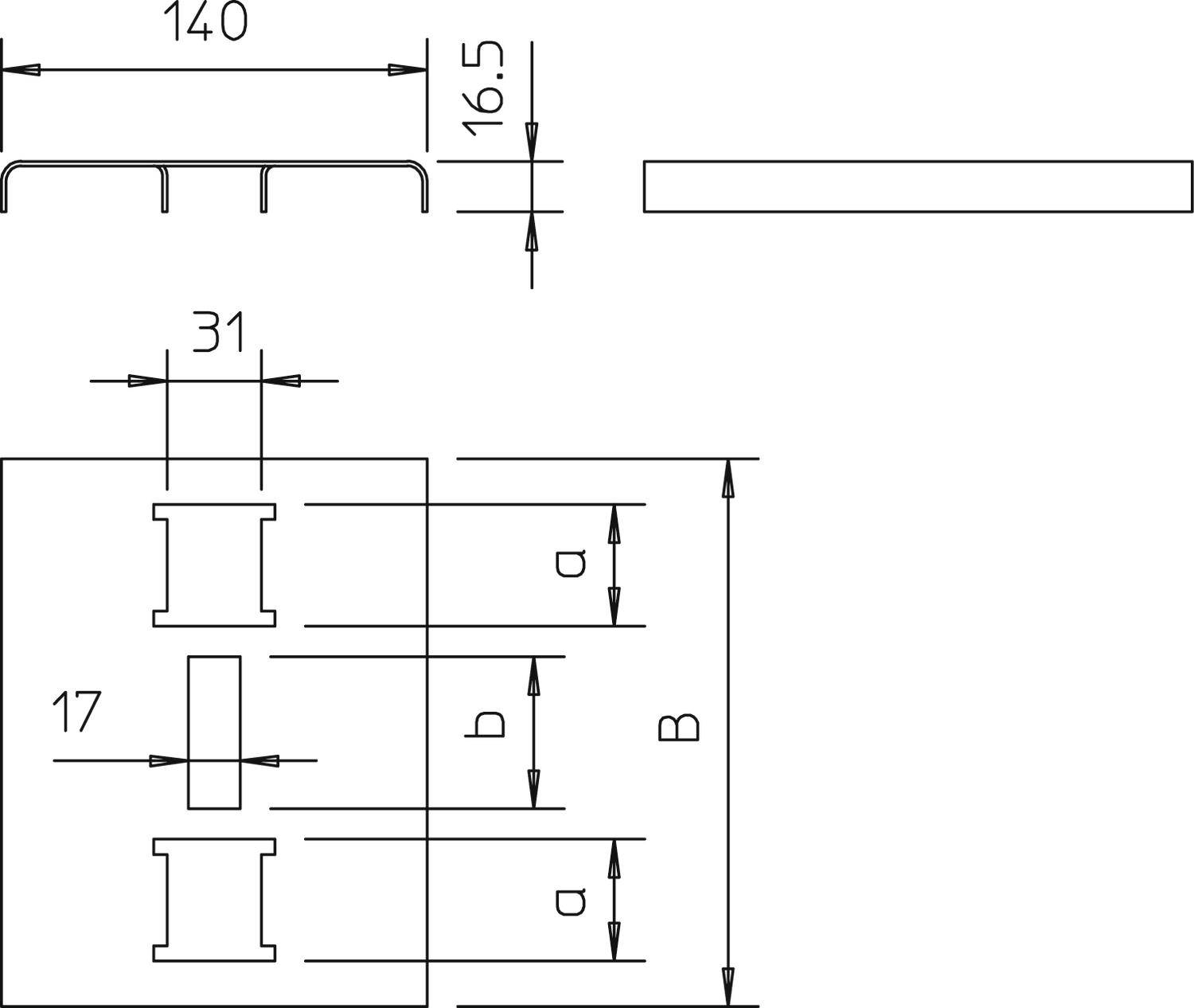 Technický výkres součásti s rozměry: délka 140 mm, výška 16,5 mm, šířka 31 mm. Značení v 17 mm a relevantní oblasti a a b.