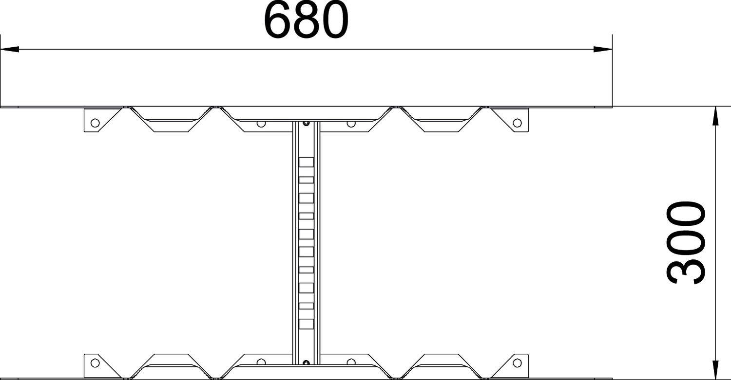 Technický výkres příčného řezu s rozměry: šířka 680 mm, výška 300 mm. Detaily zobrazují konstrukční prvky a symetrické uspořádání.