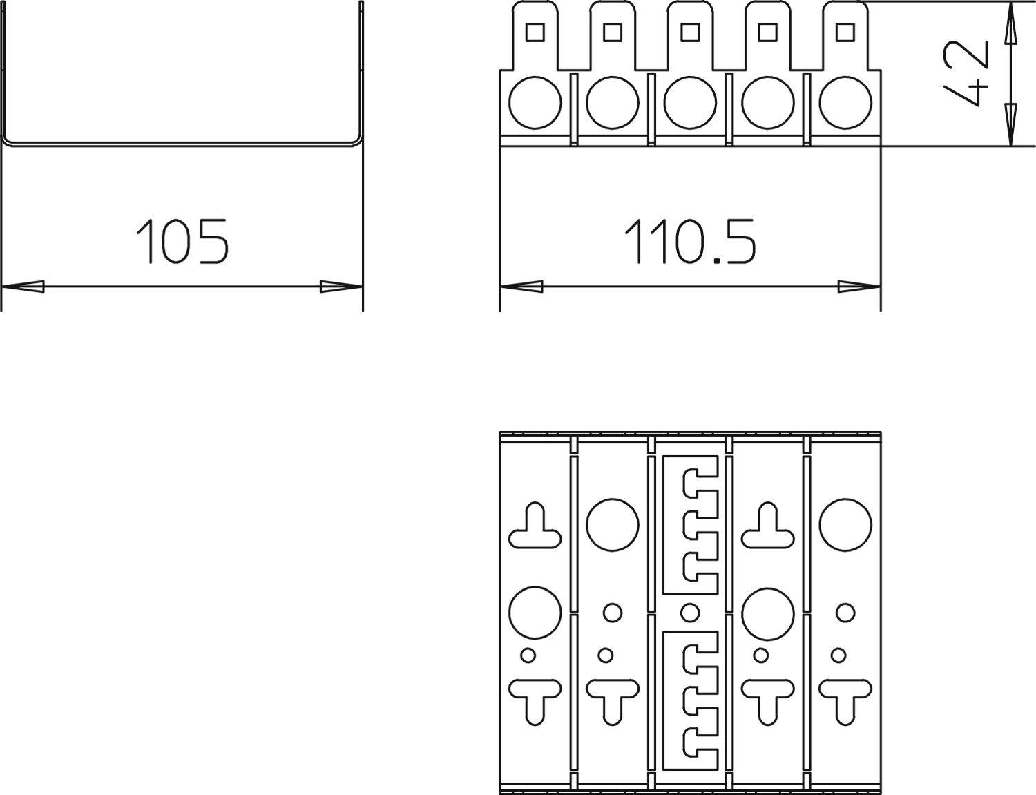 Technický výkres elektrického konektoru s rozměry 105, 110,5 a 42 mm. Horní a přední pohled.