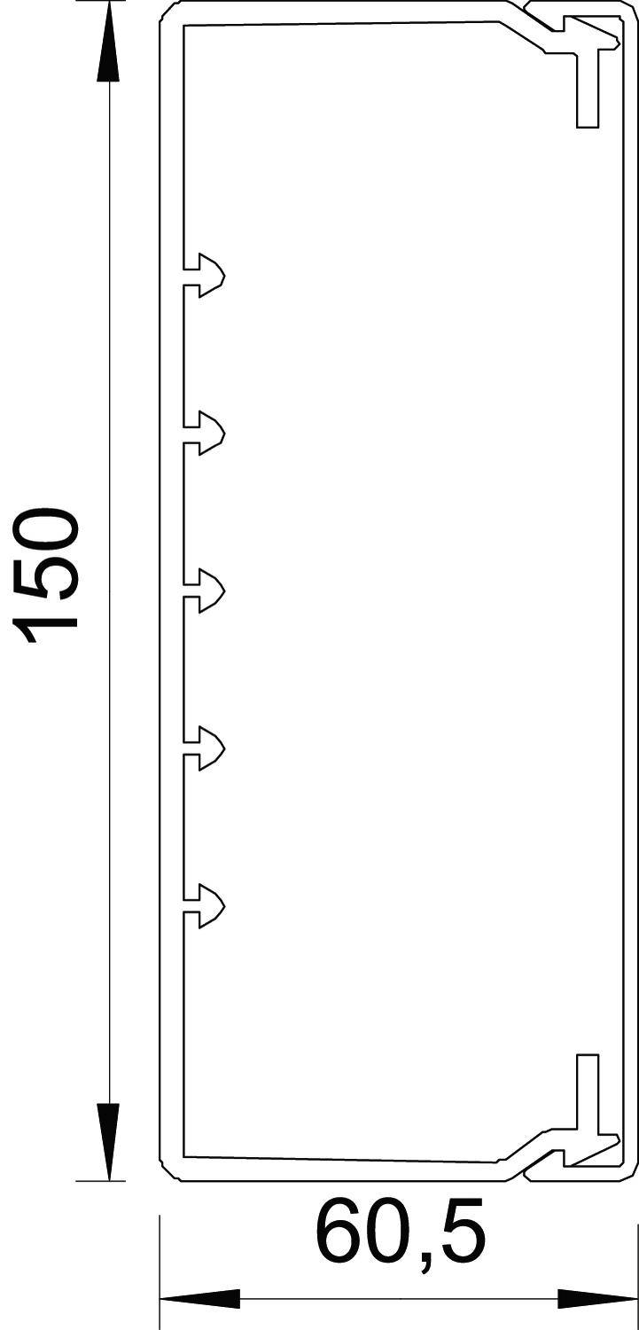 Příčný řez kovovou profilovou strukturou s háky uvnitř. Rozměry: délka 150 mm, šířka 60,5 mm.