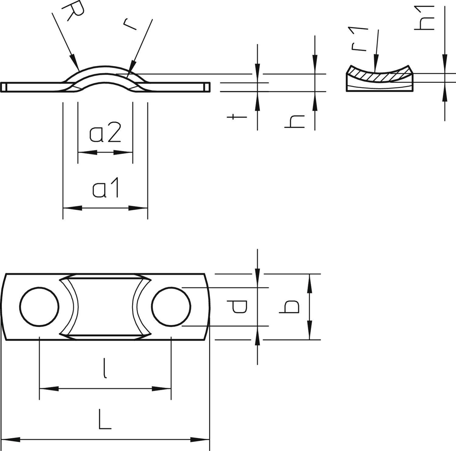 Technický výkres upevňovací svorky s rozměry: a1, a2, R, r, t, h, h1, r1, d, D, l, L. Znázorňuje boční a čelní pohled.