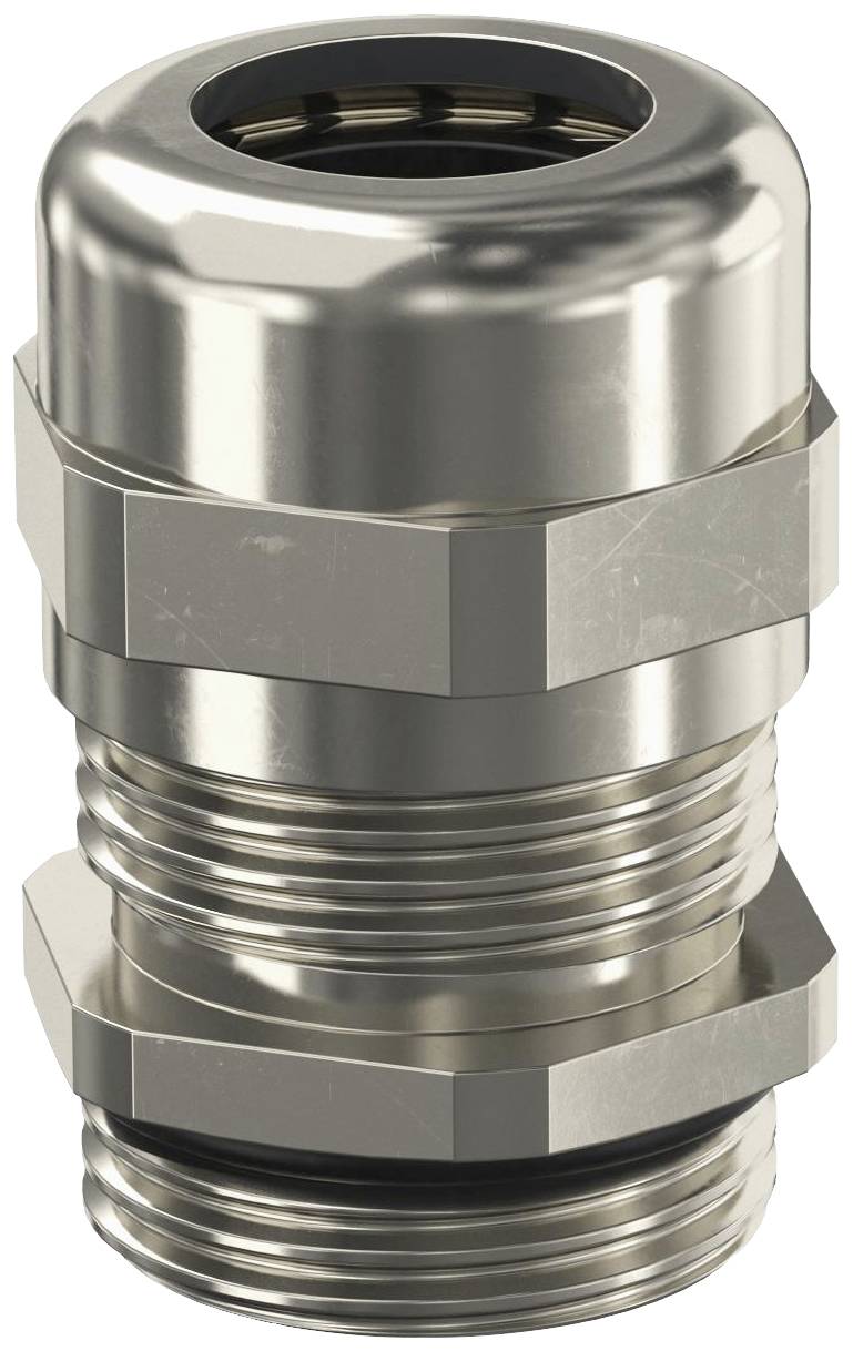 Kovová kabelová průchodka se šestihrannými maticemi, vhodná pro průmyslové aplikace. Poskytuje ochranu a stabilitu kabelových spojení.