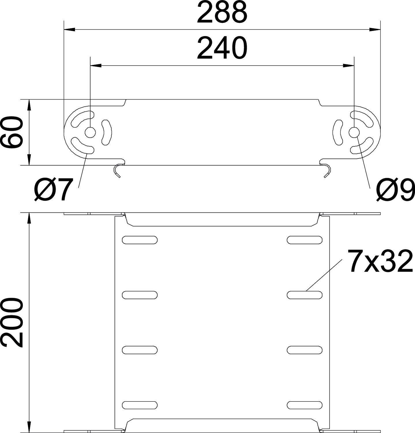 Technický výkres kovového úhelníku s rozměry: šířka 288 mm, výška 200 mm, průměr otvorů 7 mm a 9 mm.