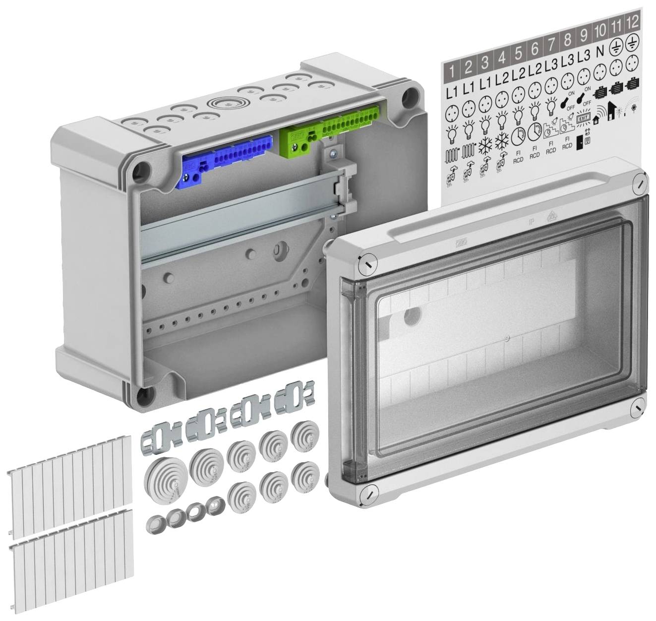 Elektronický kryt s průhledným víkem, různými připojovacími moduly a symbolickými štítky.
