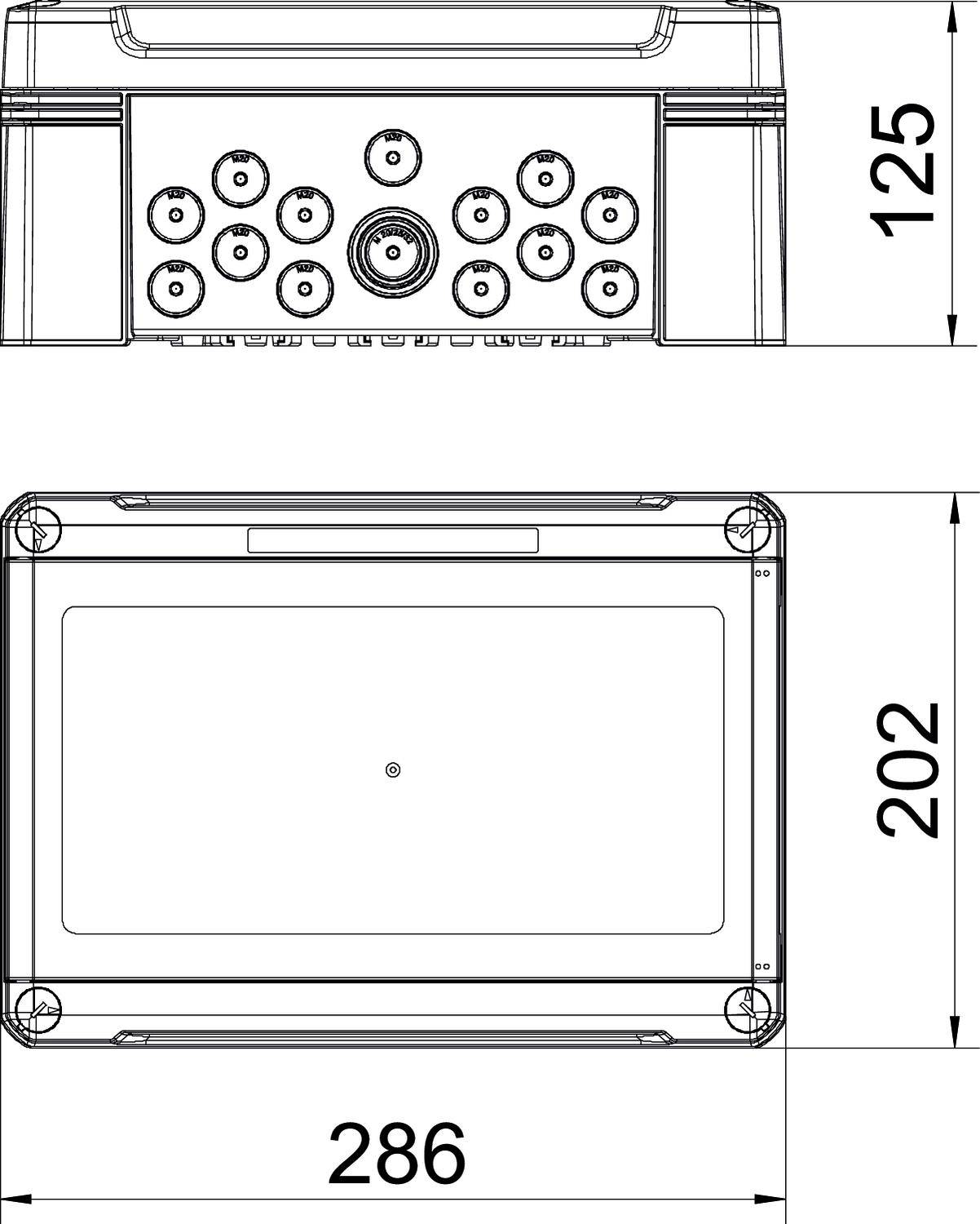 Technický výkres obdélníkového pouzdra s rozměry: šířka 286 mm, výška 202 mm, hloubka 125 mm. Čelní pohled s konektory nahoře.