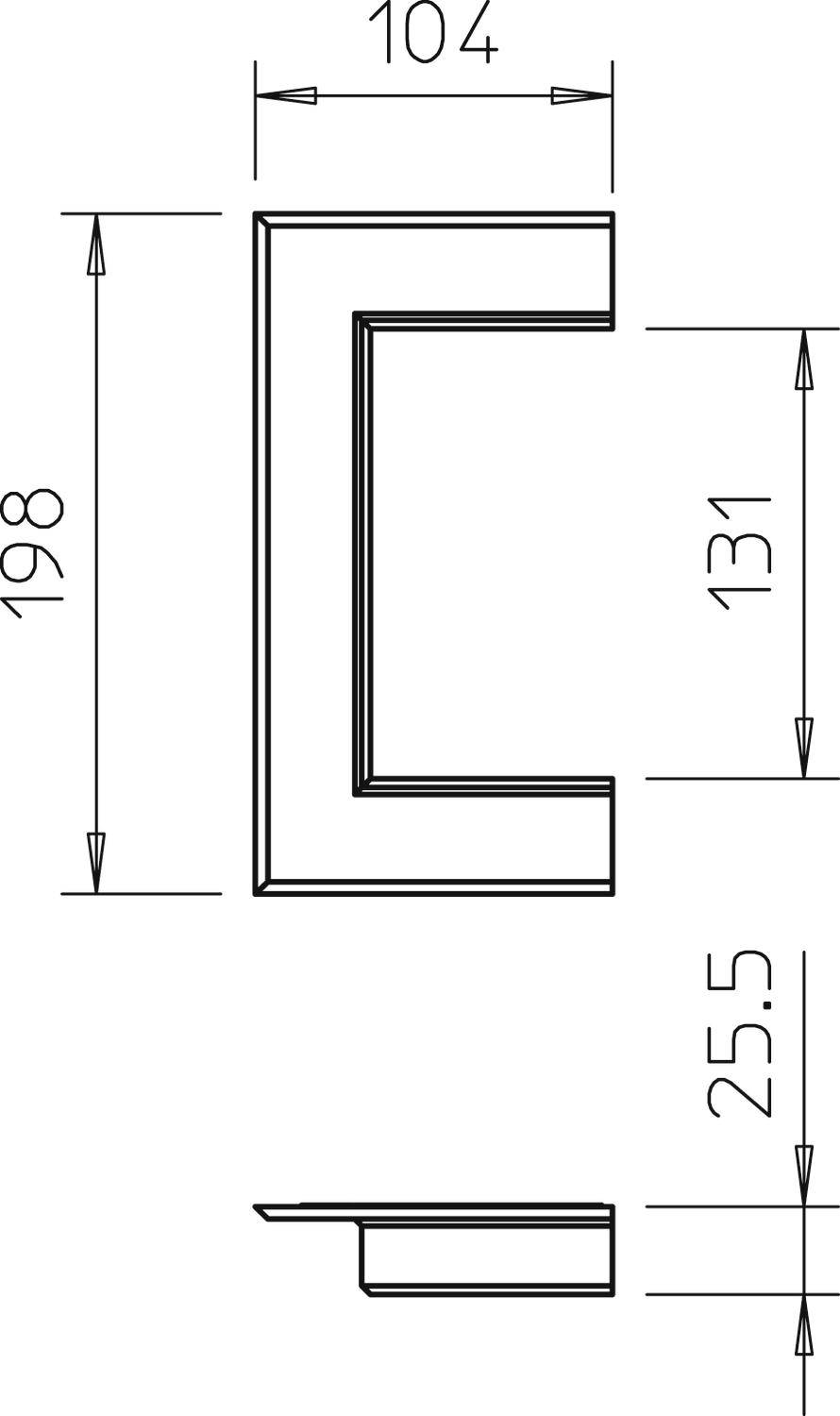 Technický výkres C-profilu. Rozměry jsou 198 mm, 104 mm, 131 mm a 25,5 mm. Pohled na profil zepředu a z boku.