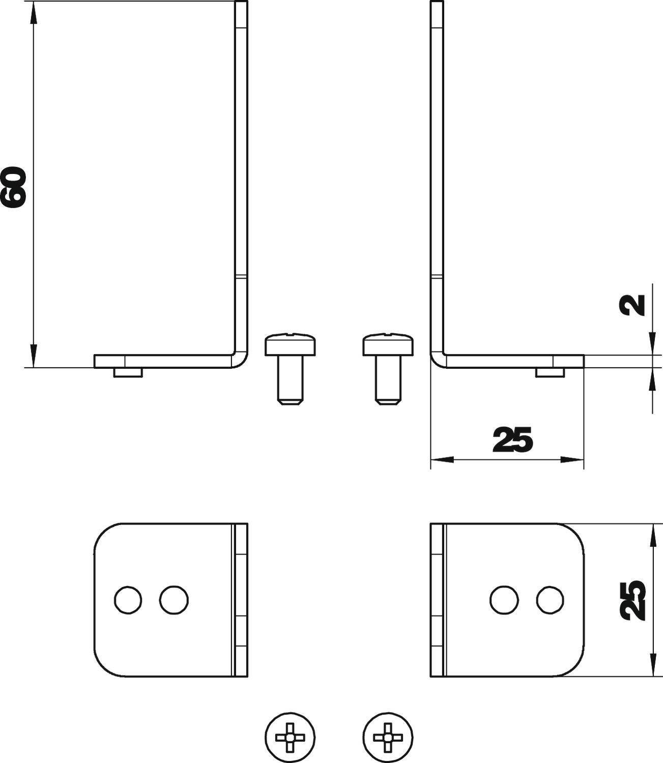 Technický výkres dvou kovových úhelníků s rozměry: 60 x 25 x 2 mm, dva šroubové otvory, boční pohled a pohled shora.