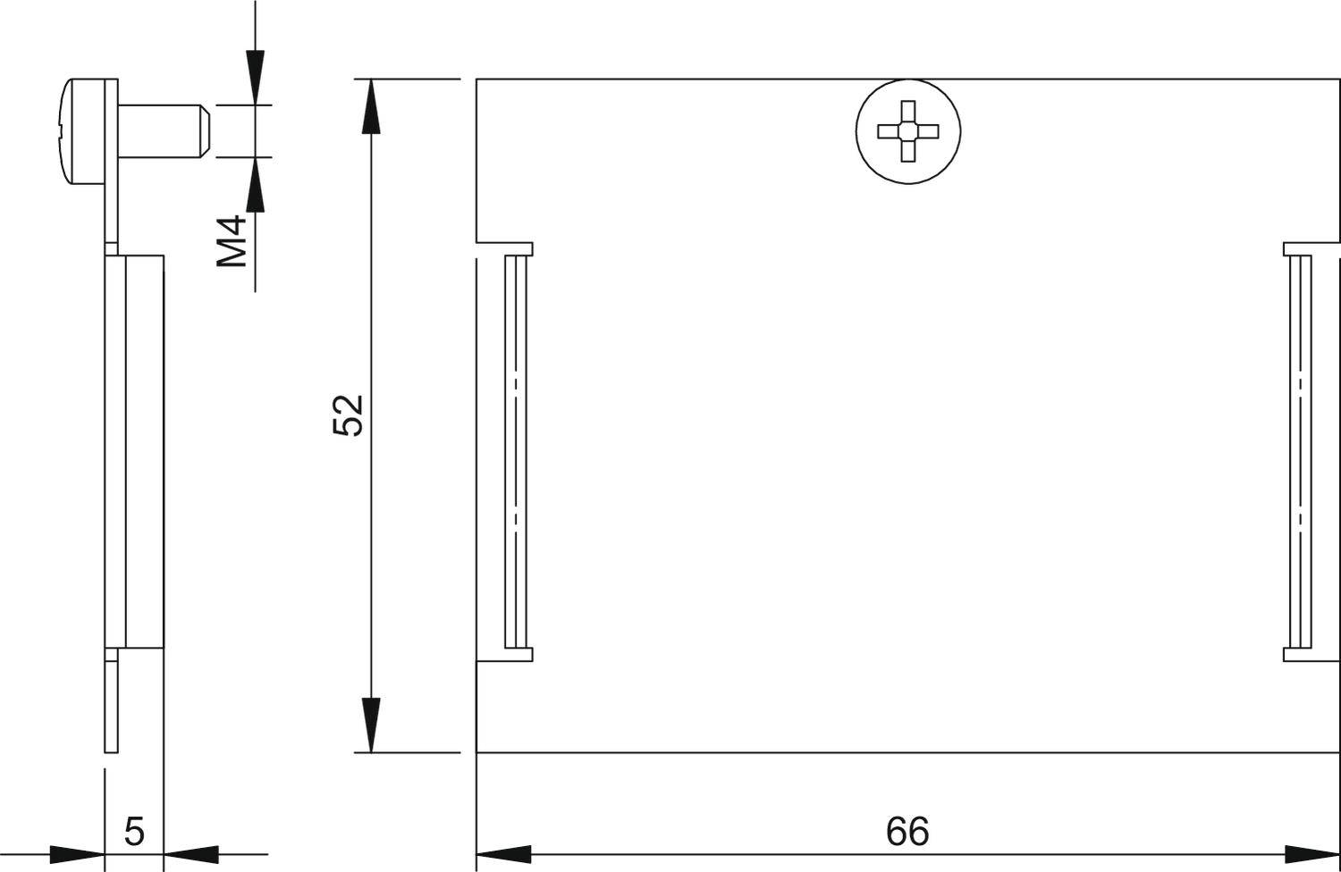 Technický výkres strojní součásti s rozměry: šířka 66 mm a výška 52 mm. Obsahuje detaily k otvorům a závitu M4.