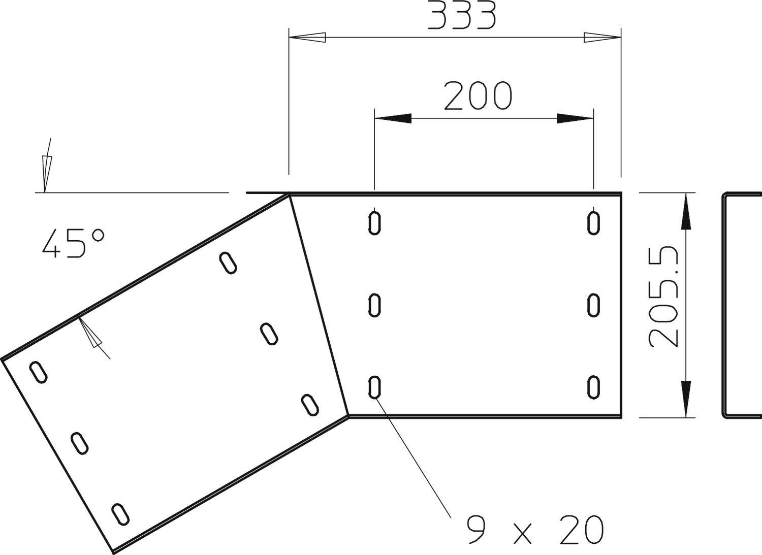Technický výkres úhlového prvku se sklonem 45°, rozměry 333x205,5 mm. Obsahuje otvory 9x20 mm a kótování.
