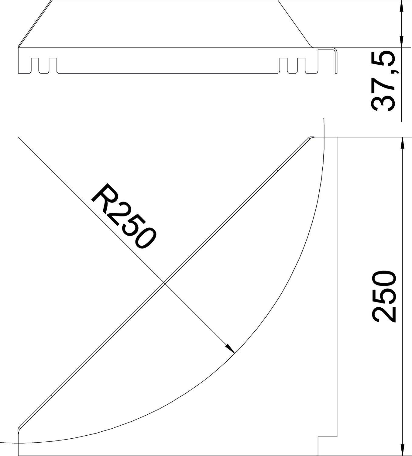 Technický výkres úhlu s poloměrem 250 mm a výškou 250 mm. Šířka nahoře je 37,5 mm.