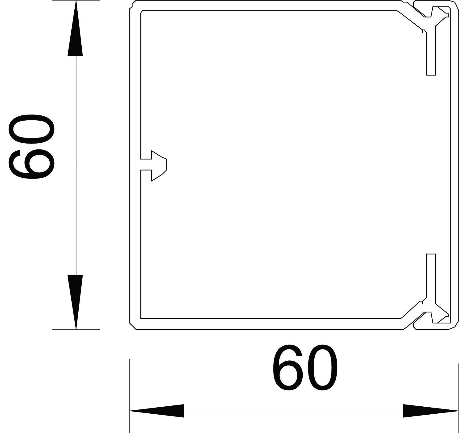 Technický výkres čtvercového profilu o rozměrech 60x60 mm, s čistým liniovým vedením a bez dalšího popisu.