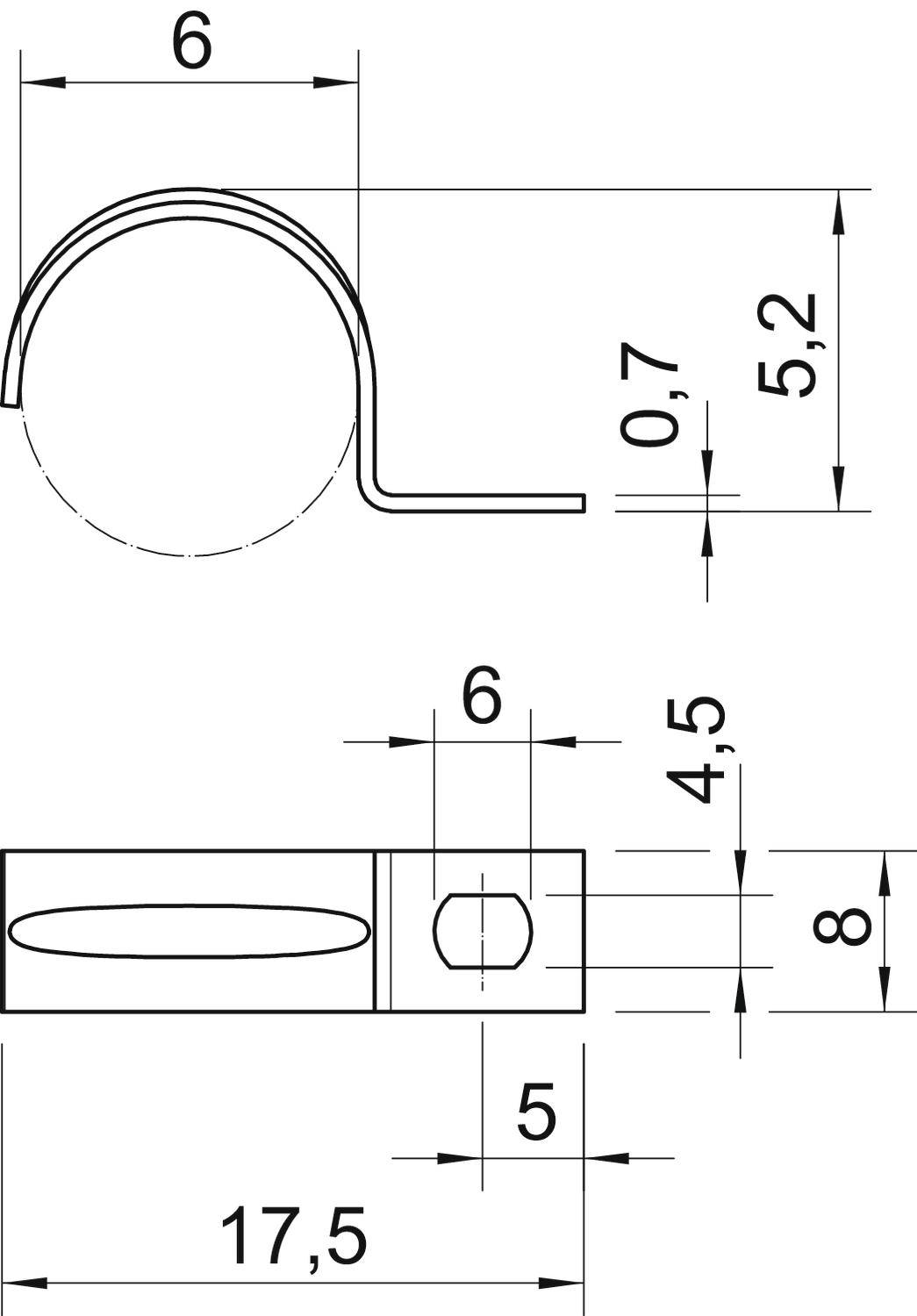 Technický výkres kovové svorky s kótováním: výška 5,2 mm, šířka 6 mm, tloušťka 0,7 mm, průměr otvoru 4,5 mm.