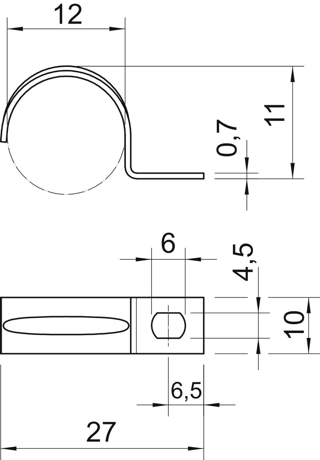 Technický výkres kovové svorky s rozměry: 12x11 mm oblouk, tloušťka 0,7 mm, obdélníkové otvory 6x4,5 mm a 6x6,5 mm, celková délka 27 mm.