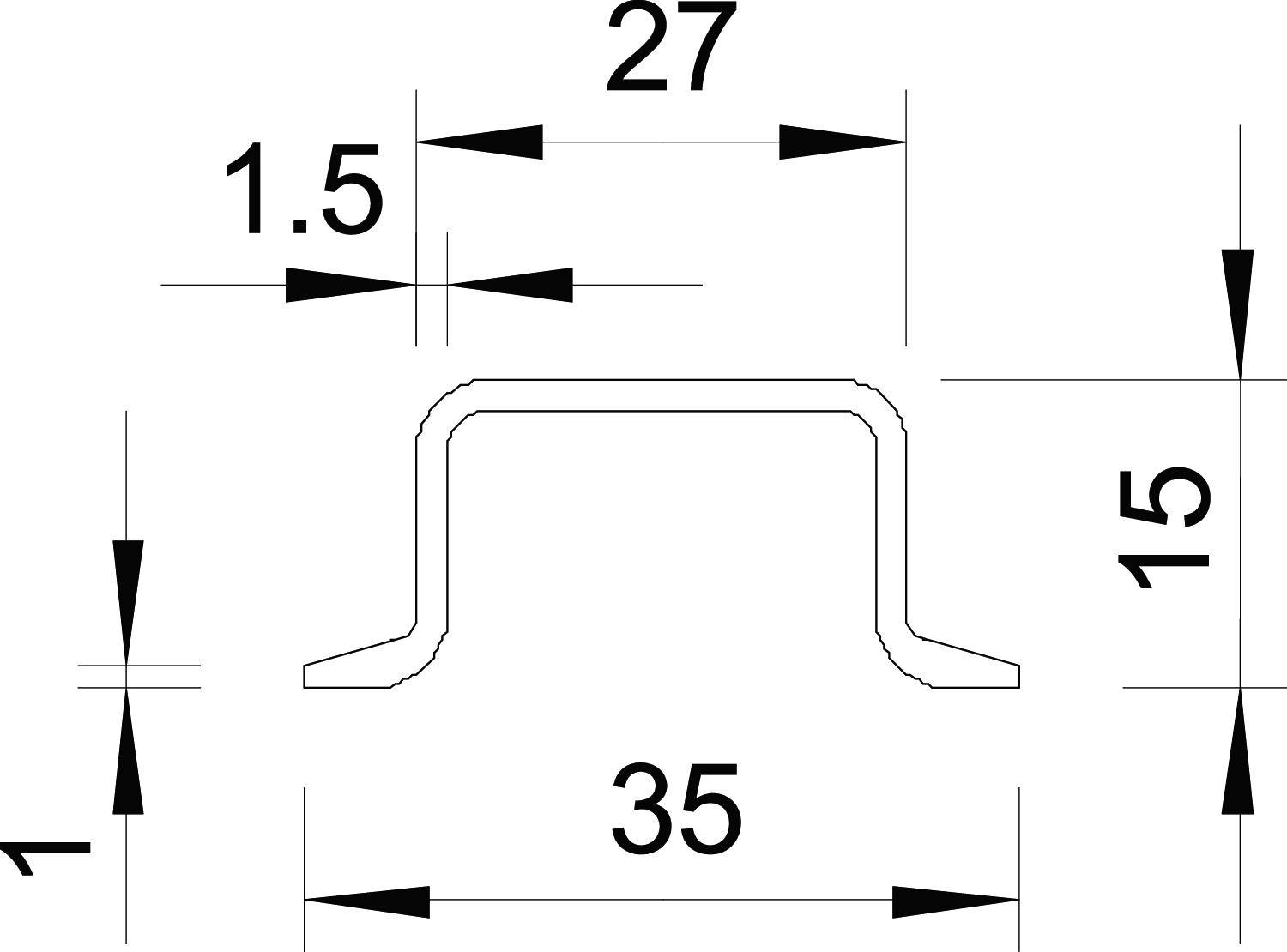Technický výkres U-profilu. Rozměry: 27 mm šířka nahoře, 35 mm šířka dole, 15 mm výška, 1,5 mm tloušťka.