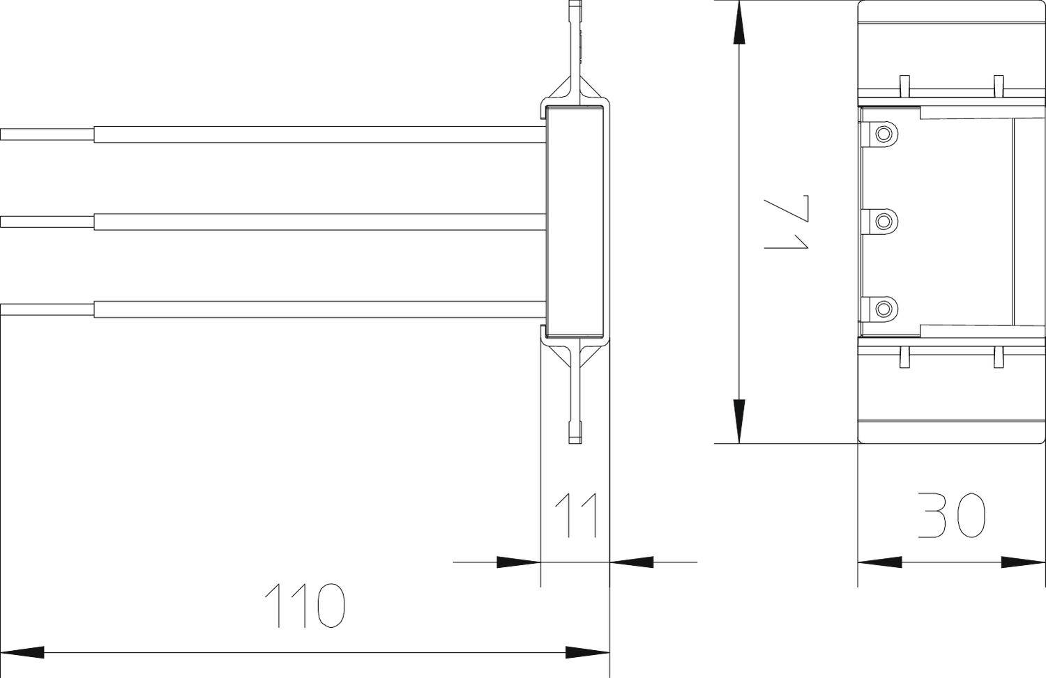 Technický výkres obdélníkového dílu s rozměry: 110 x 30 mm, výška 74 mm, šířka 11 mm. Zobrazuje pohled shora a boční pohled.