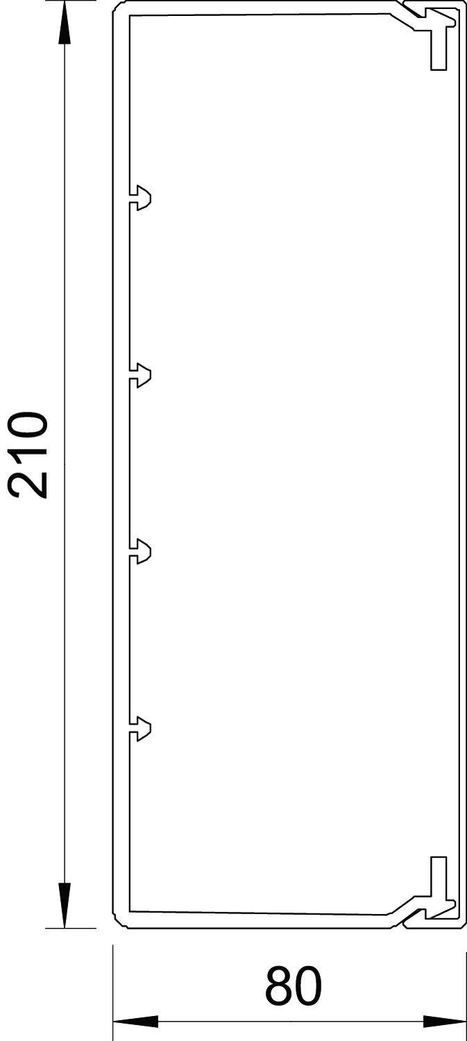 Technický výkres obdélníkového profilu o rozměrech 210 mm na výšku a 80 mm na šířku. Detaily profilu na hranách.