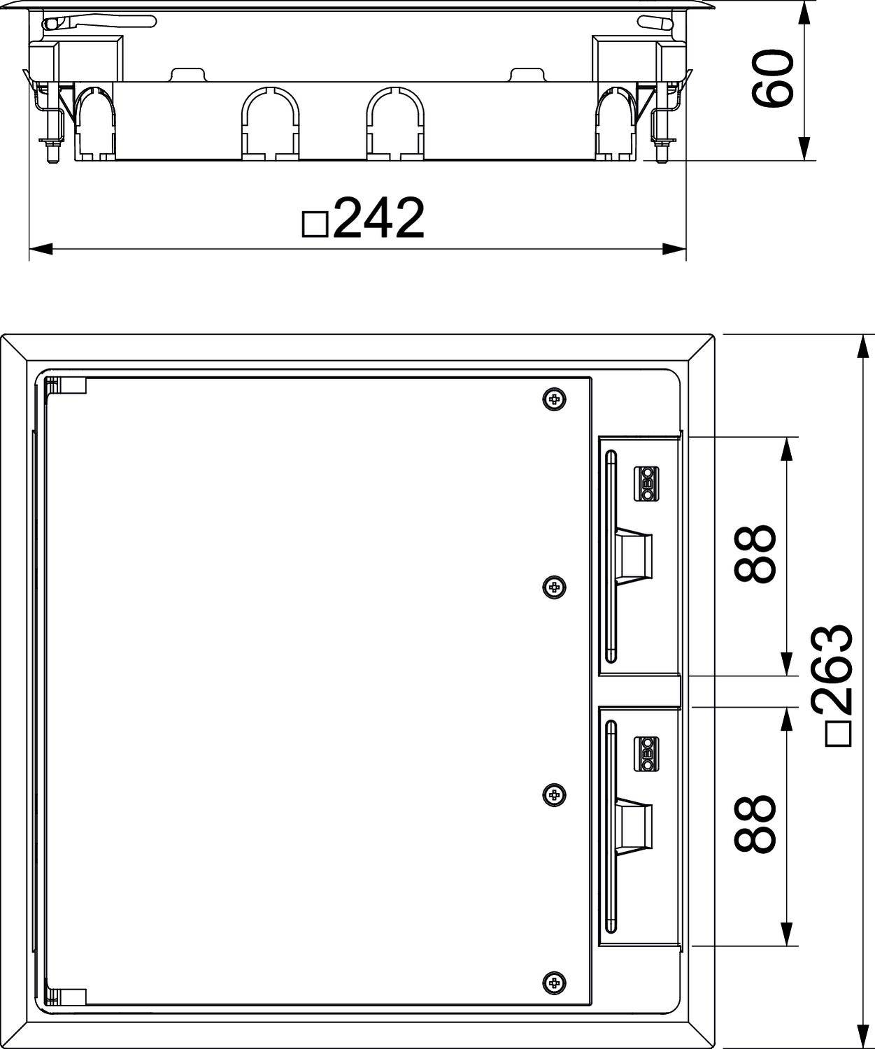 Technický výkres obdélníkového zařízení s podrobnými rozměry: šířka 242 mm, výška 263 mm. Dva páky na pravé straně.