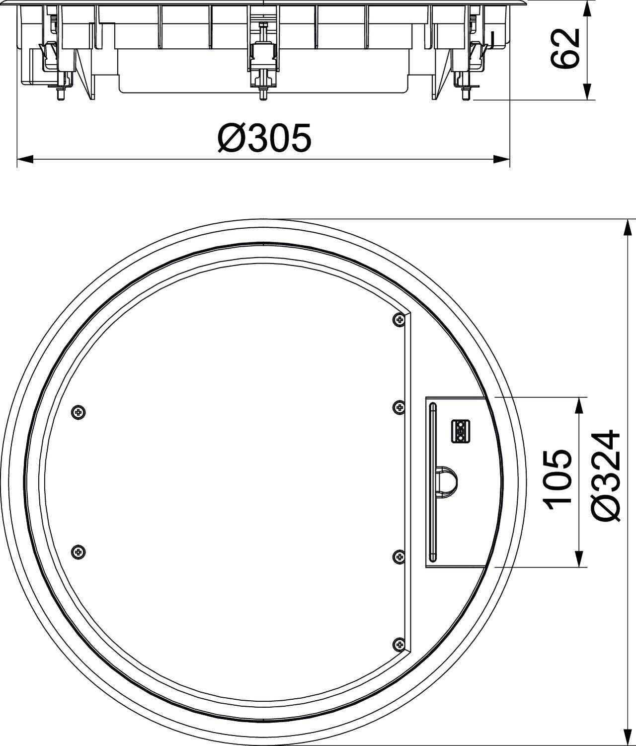 Technický výkres kulatého objektu o průměru 324 mm. Nahoře je uvedena montážní výška 62 mm a průměr 305 mm.