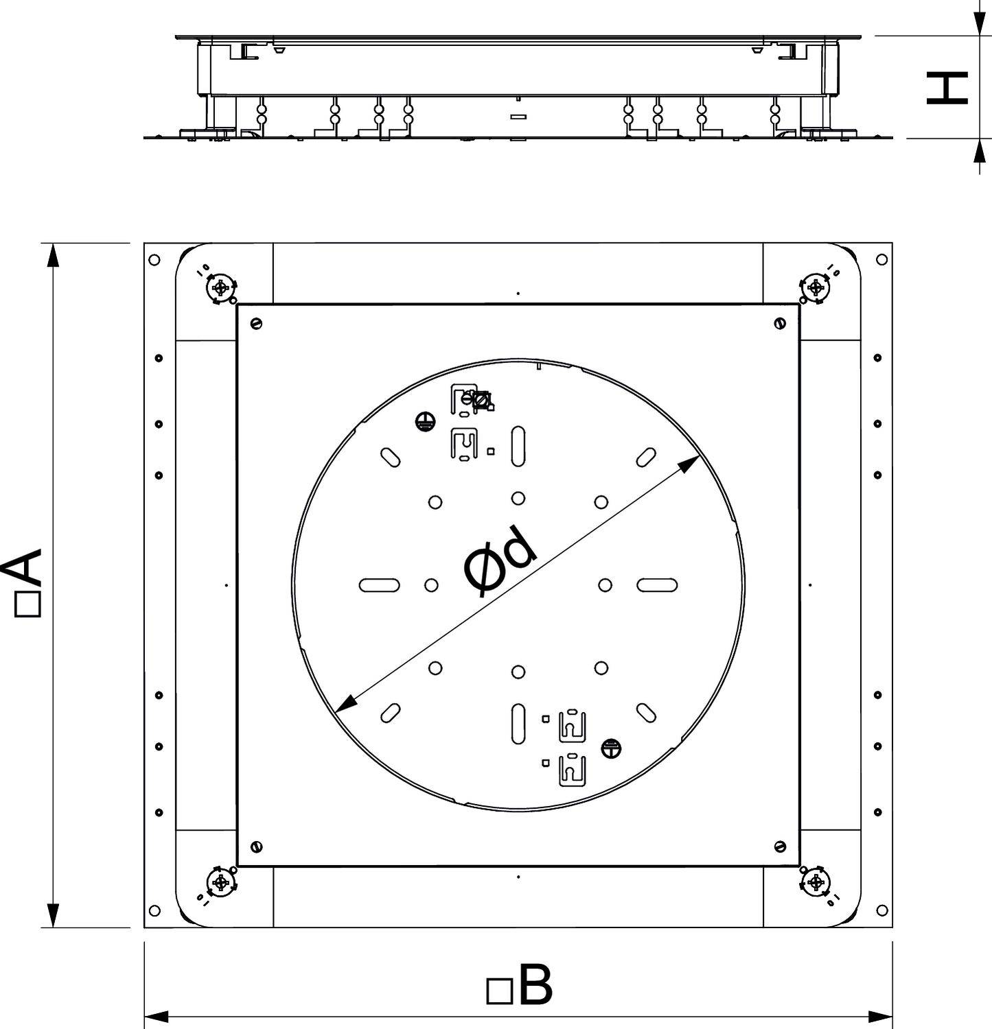 Technický výkres čtvercového dílu s kruhovým vnitřním prostorem, rozměry: šířka 'B', výška 'H', délka 'A', průměr 'd'.