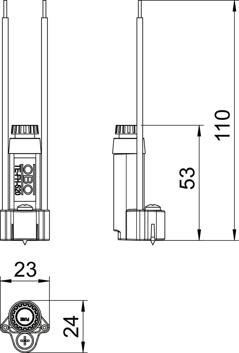 Technický výkres senzoru s jeho rozměry. Výška 110 mm, šířka 23 mm, hloubka 24 mm. Zobrazeny boční a přední pohled.