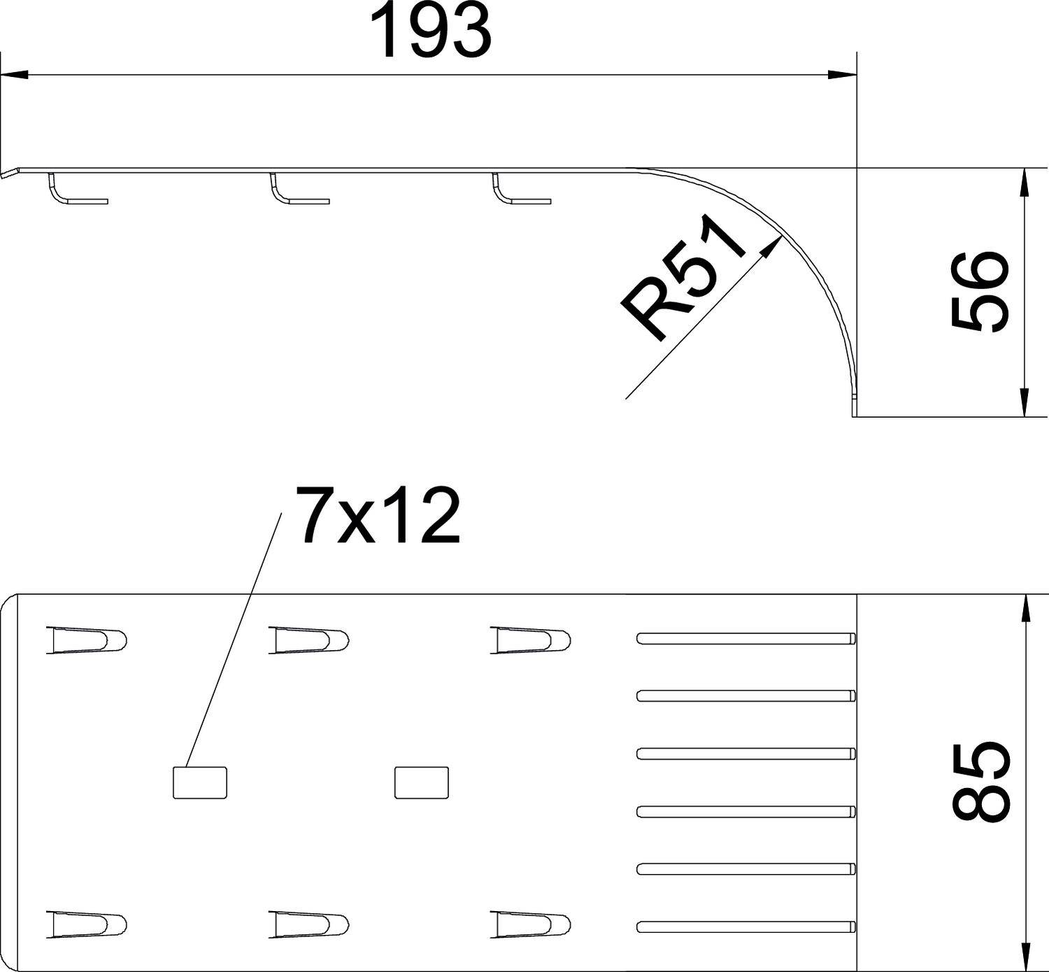 Diagram zobrazuje technický výkres plechu s rozměry: šířka 193 mm, výška 56 mm, základna 85 mm. Oblouk s poloměrem 51 mm, 7 otvorů.