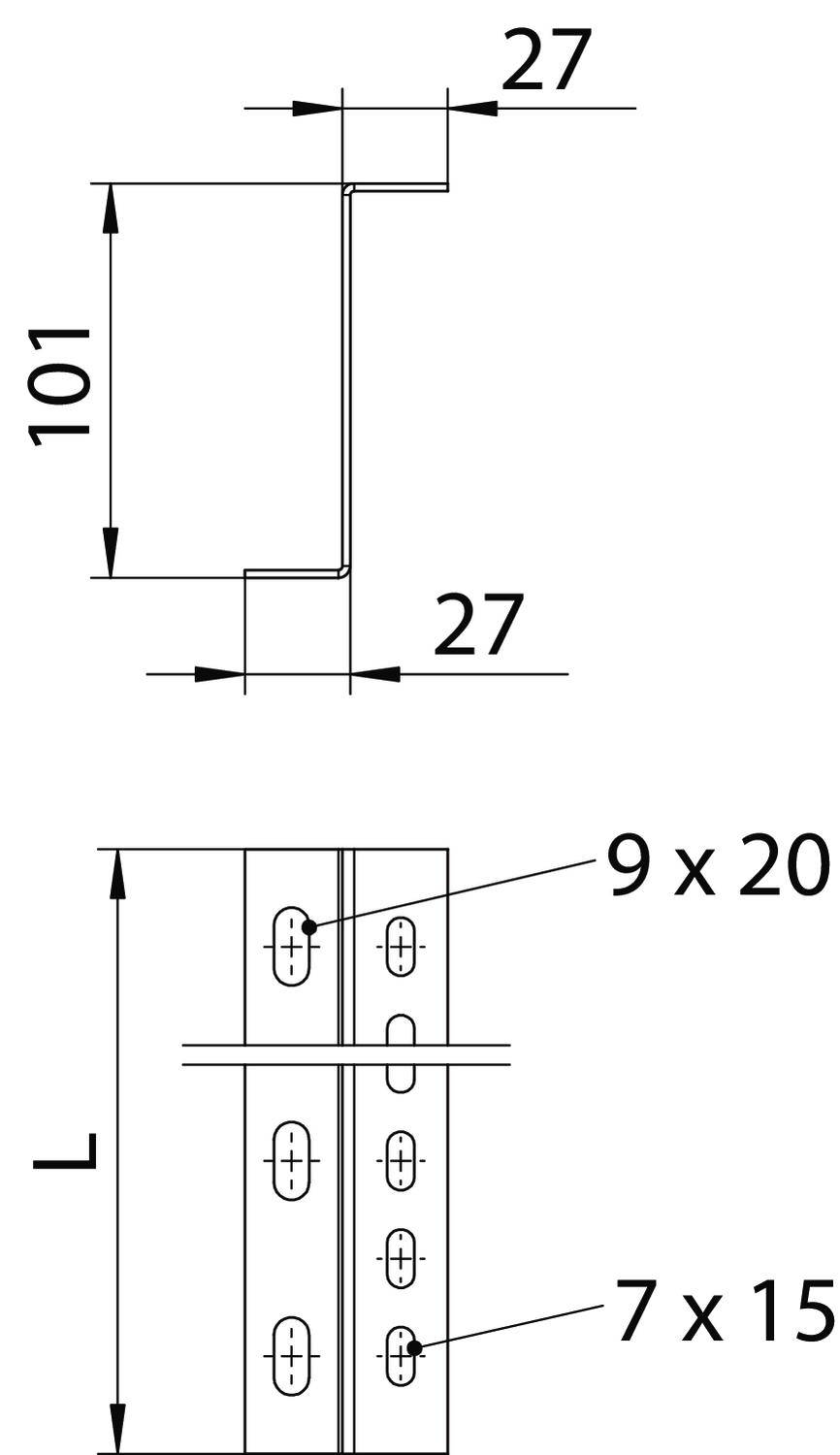 Technický výkres kovového spoje s rozměry: výška 101 mm, šířka 27 mm. Otvory: 9x20 mm a 7x15 mm.