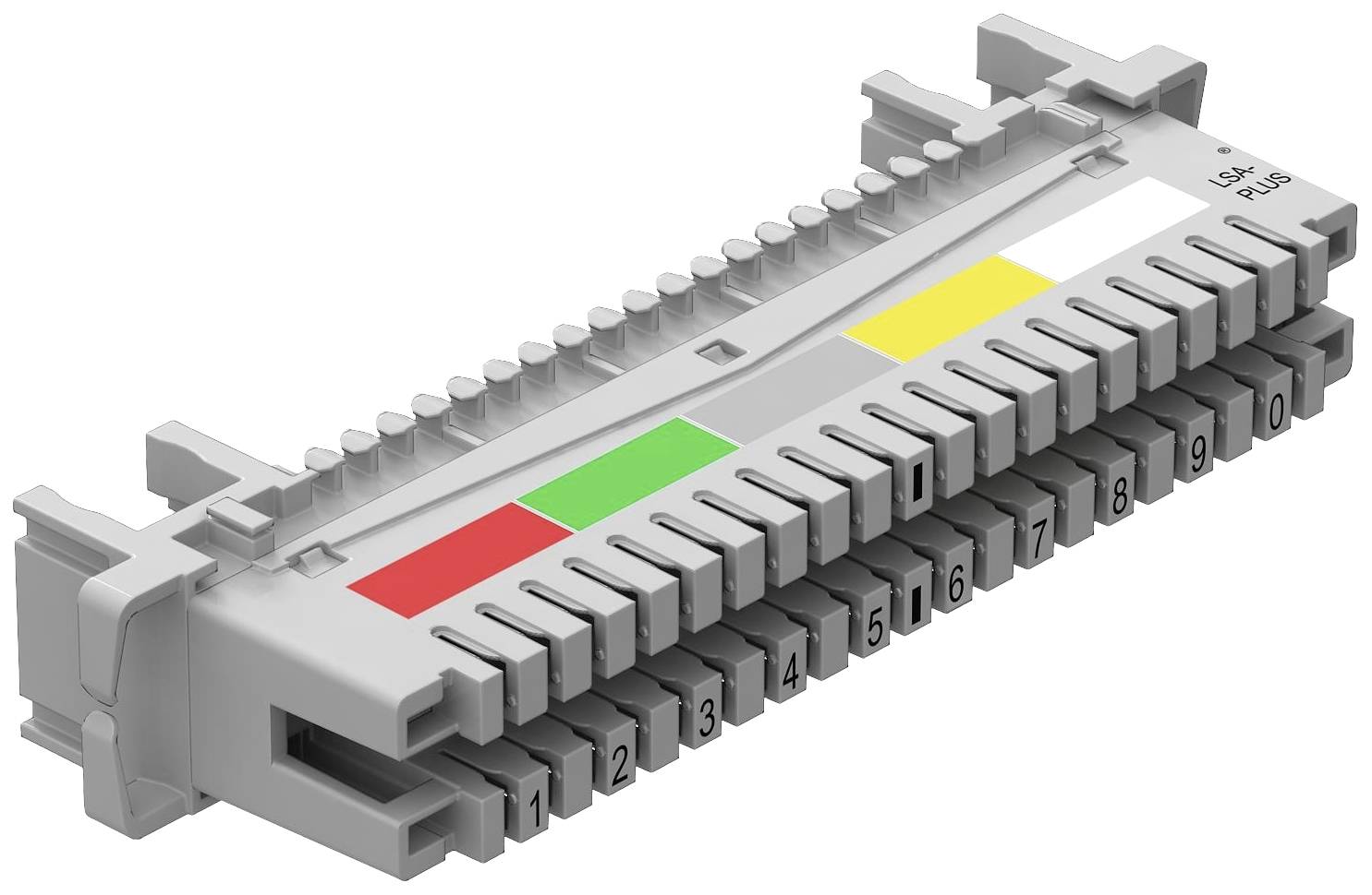 Šedý patch panel s očíslovanými porty od 1 do 10. Nahoře barevné značení: červená, zelená, žlutá a bílá.