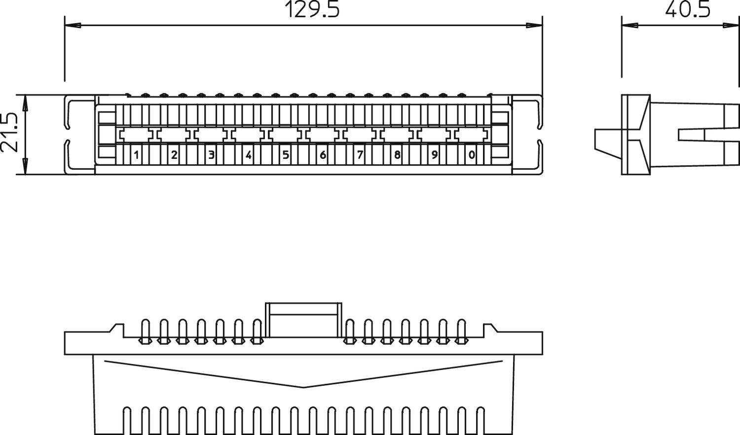 Technický výkres obdélníkového konektoru s rozměry: 129,5 mm délka, 21,5 mm šířka, 40,5 mm hloubka.