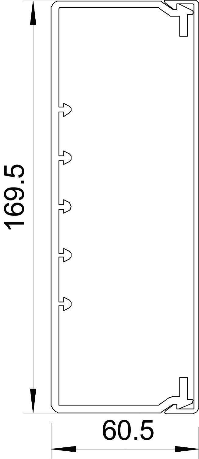 Příčný řez obdélníkovým dílem s hákem na jedné straně. Rozměry: 169,5 mm délka, 60,5 mm šířka.