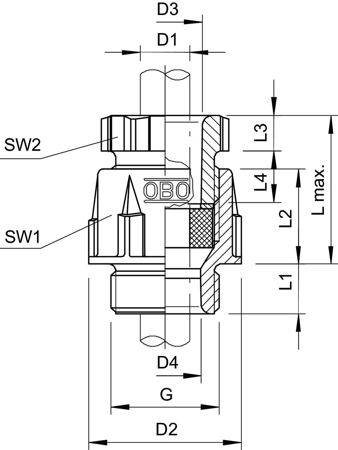 Technický výkres mechanické spojky. Označené komponenty jsou SW1, SW2, L1, L2, L3, L4, L max, D1, D2, D3, D4, G.