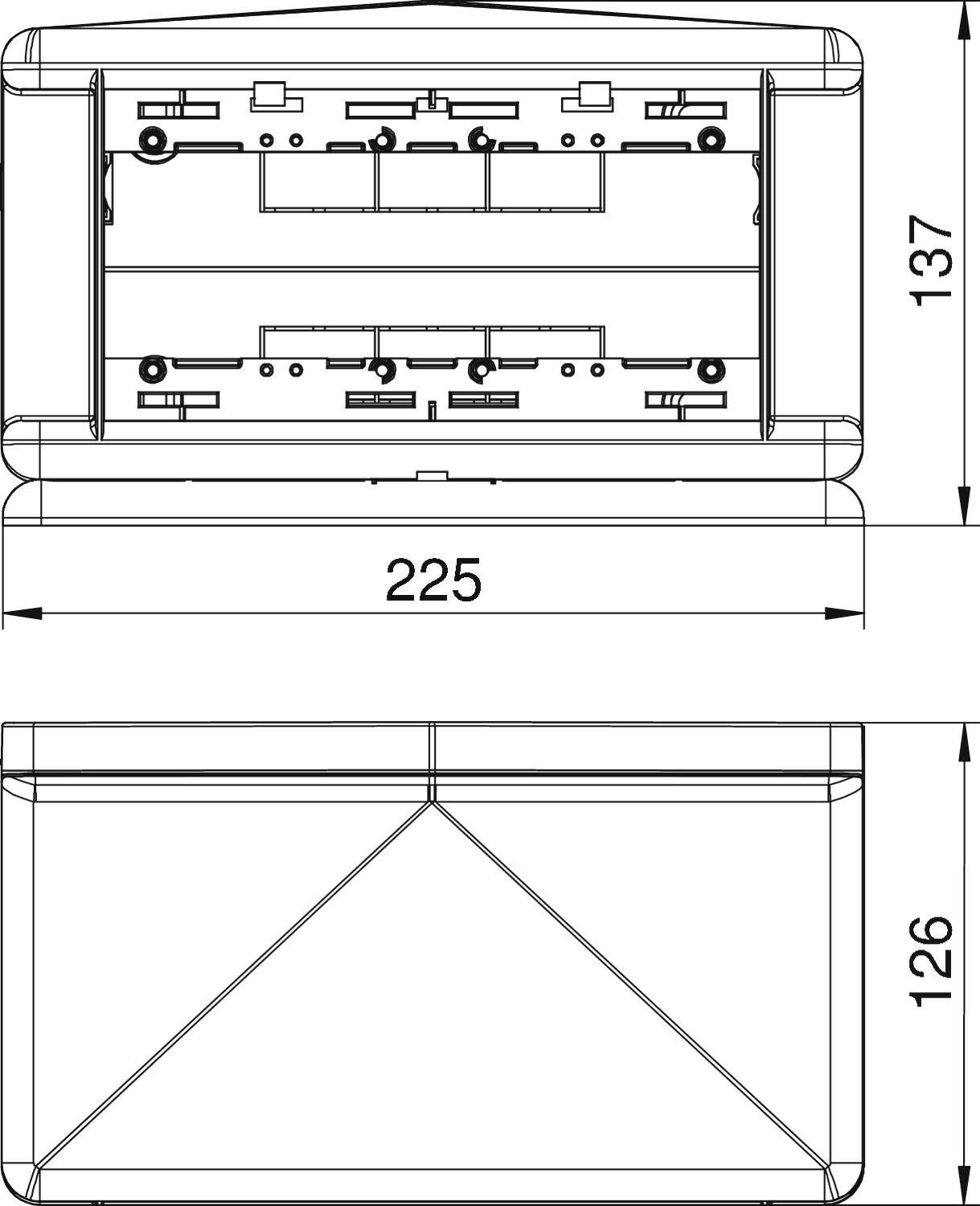 Technický výkres obdélníkového elektronického zařízení o rozměrech 225x137x126 mm, znázorňující vnitřní elektrické obvody a připojení.