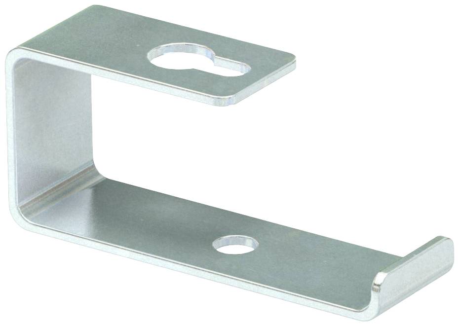 Kovový úhlový držák se dvěma otvory, jeden kulatý a druhý ve tvaru klíče, určený k upevnění na povrchy.