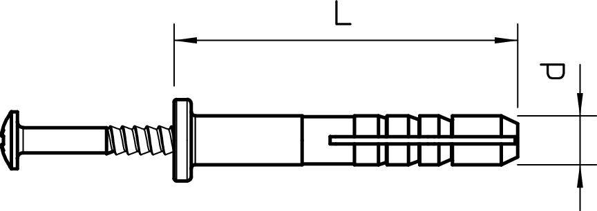 Technický výkres hmoždinky s rámovou kotvou s rozměry L pro celkovou délku a P pro hloubku zasunutí, boční pohled.