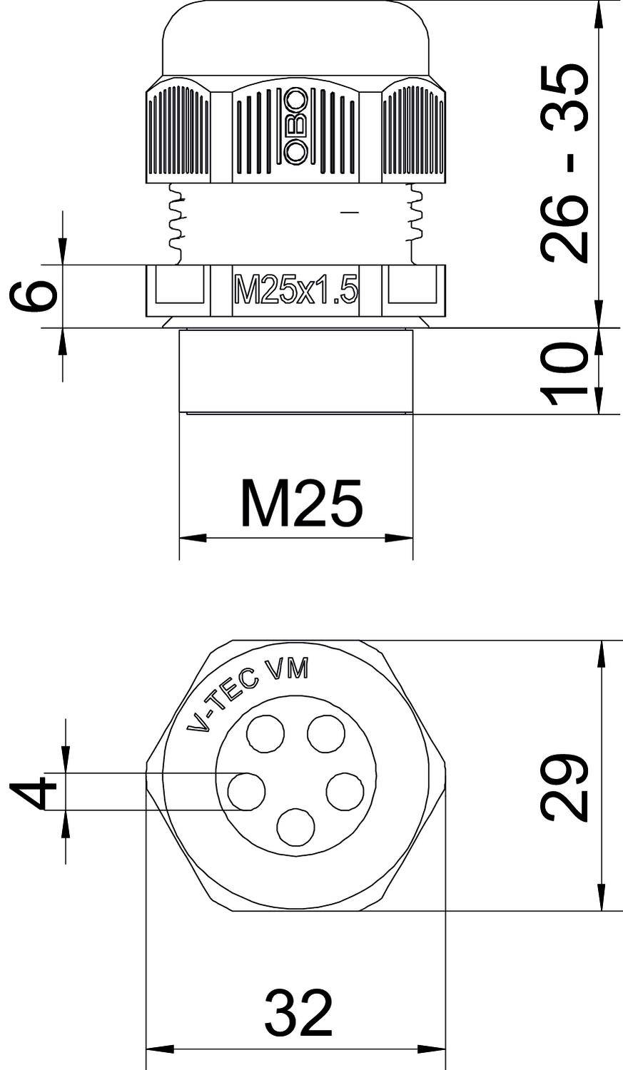 Technický výkres kabelové průchodky M25. Nahoře: Boční pohled s rozměry 26-35 mm výšky. Dole: Pohled shora s označením 'V-TEC VM'.