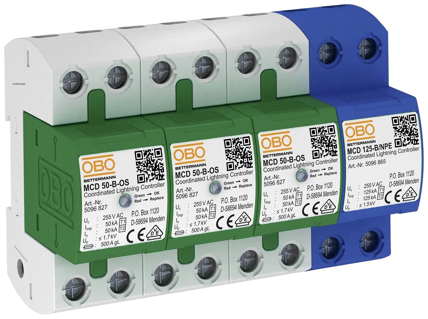 Koordinované zařízení pro ochranu před bleskem od společnosti OBO Bettermann se sestává z několika modulů v bílé, zelené a modré barvě, určené pro instalaci do elektrických systémů.