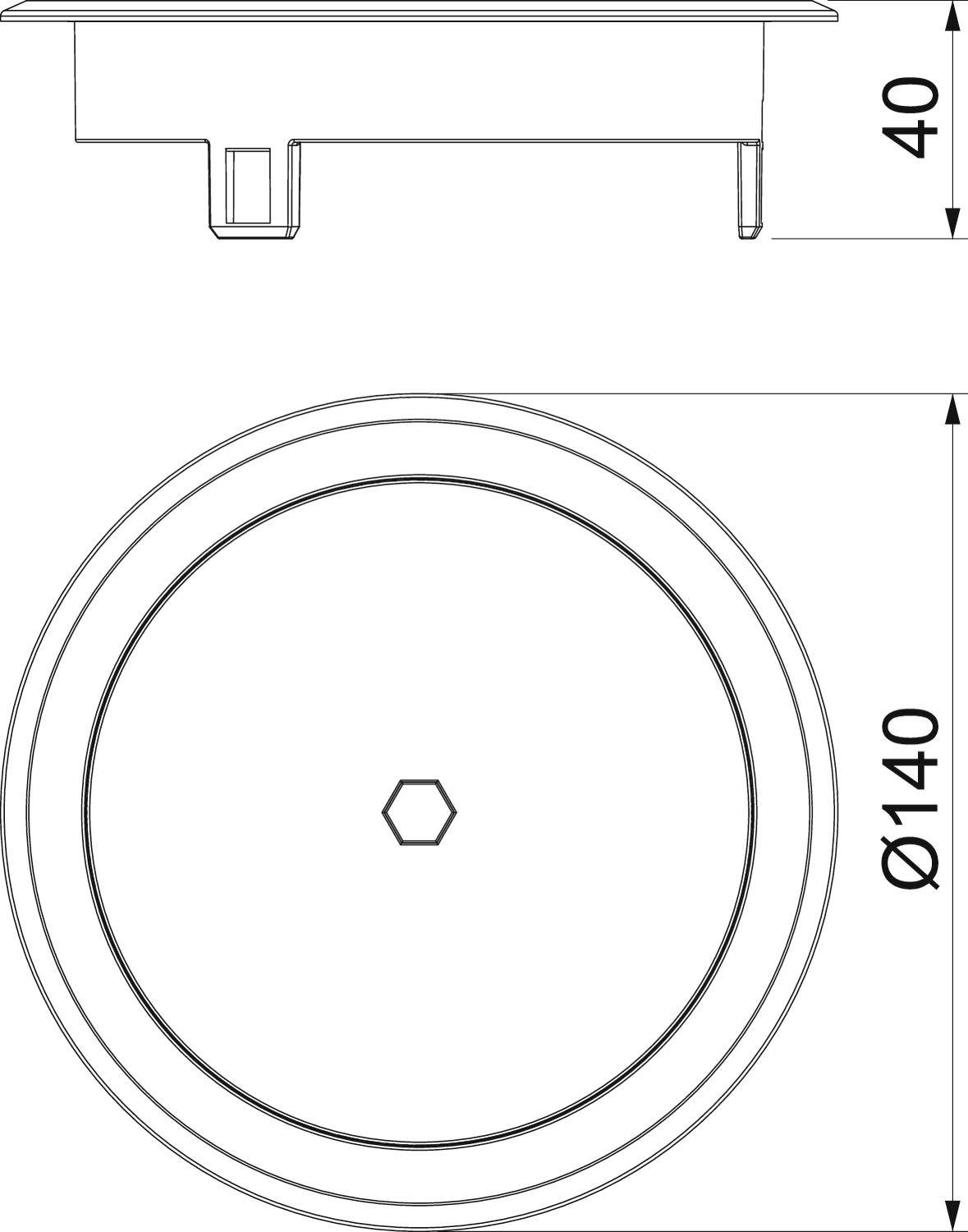 Technický výkres kulatého objektu o průměru 140 mm a výšce 40 mm, boční a horní pohled.