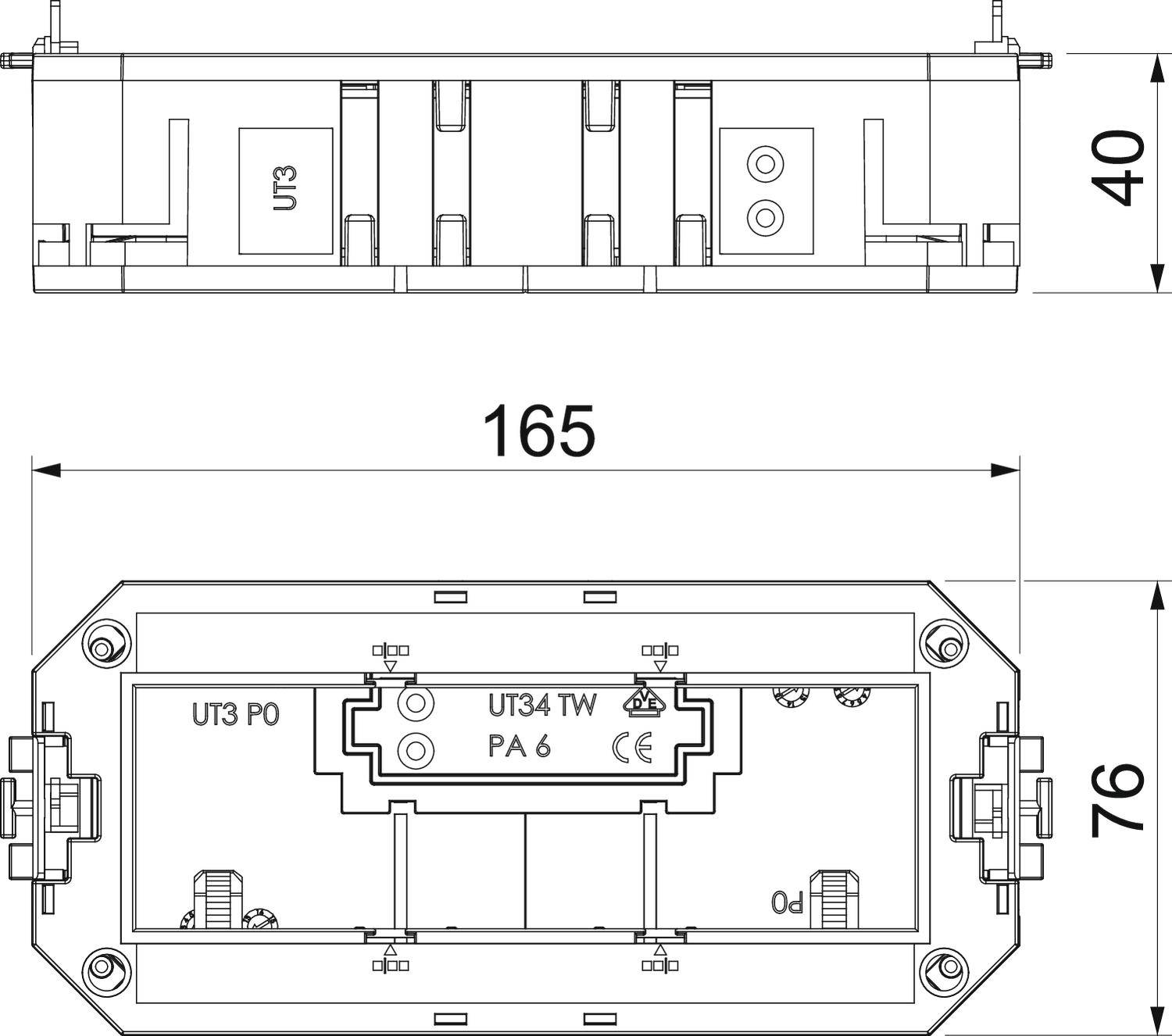 Technický výkres obdélníkového elektronického pouzdra s rozměry 165 mm délky, 76 mm šířky a 40 mm výšky.