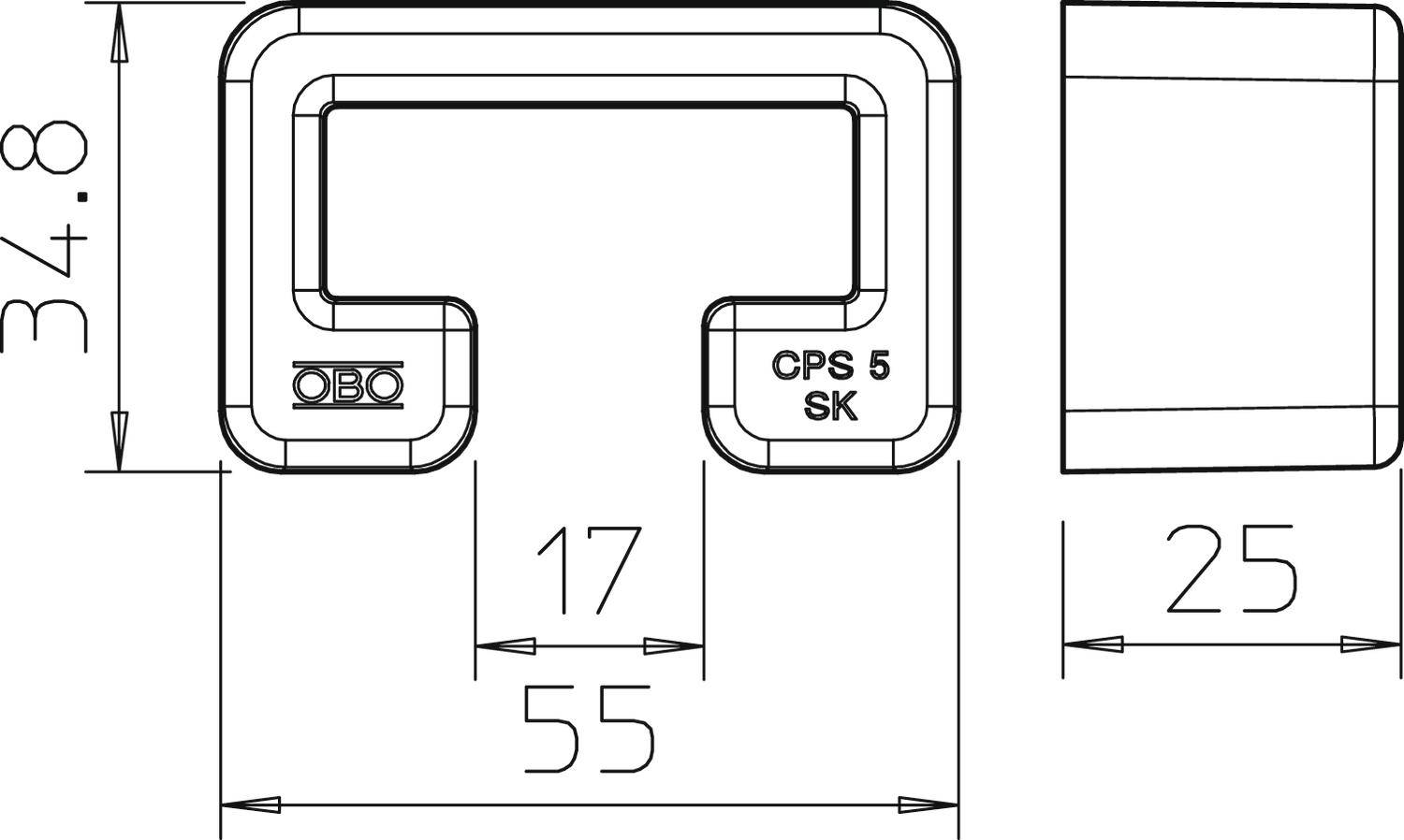Technický výkres kovové součásti s rozměry 34,8 mm x 55 mm x 25 mm, označený štítkem 'CPS 5 SK' s vrtanými otvory.