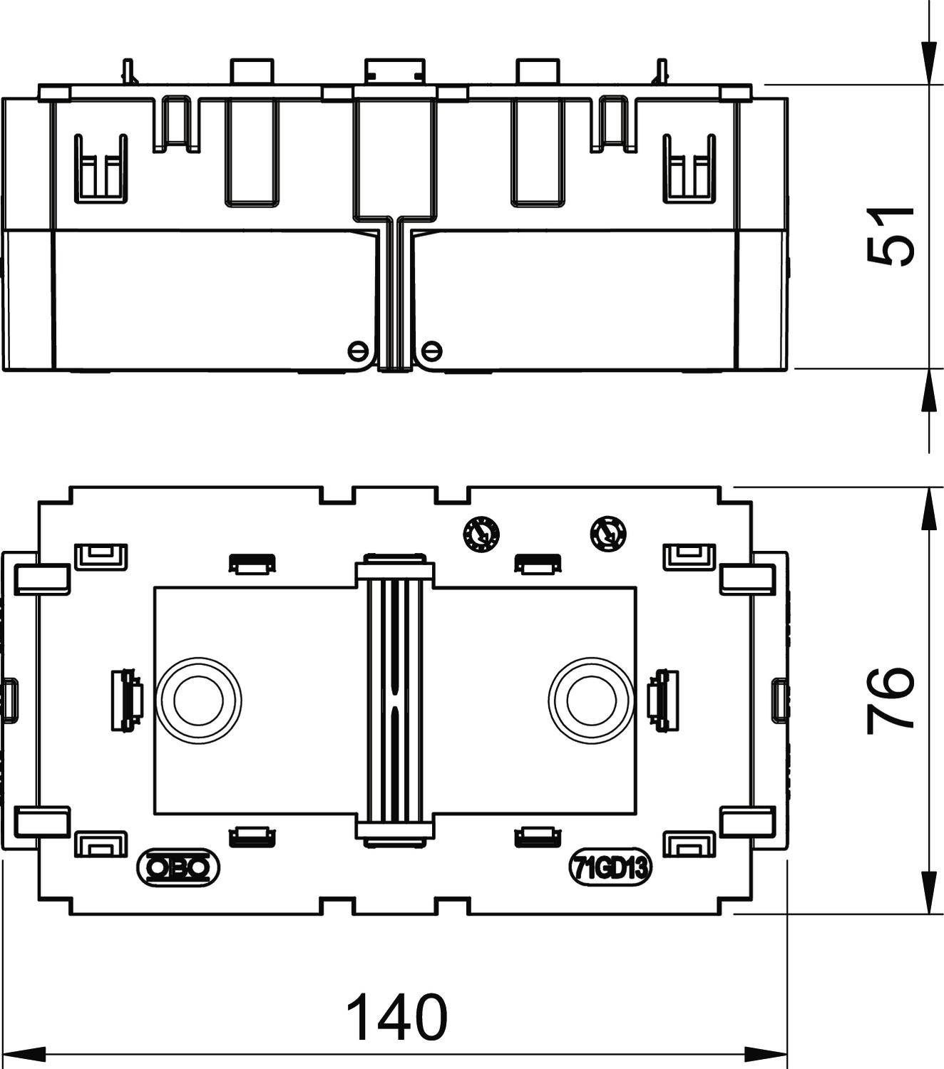 Technický výkres obdélníkového elektrického komponentu s rozměry: šířka 140 mm, výška 76 mm, hloubka 51 mm. Pohled shora a z boku.