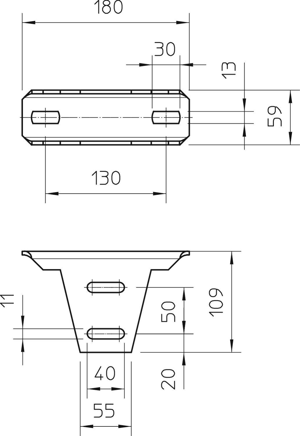 Technický výkres součásti s rozměry: nahoře 180x59 mm, boky 11 mm, dole 55x20 mm, otvory umístěné uprostřed.